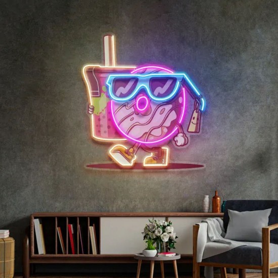 Bir Çay Fincanı Tutan Havalı Donut UV Baskı Neon Led Tabela